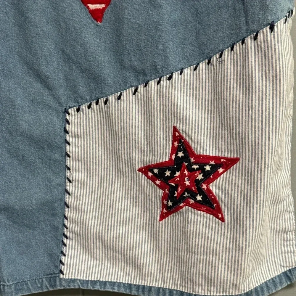 Patriotic USA Patches Embroidered Embellished Red White Blue Denim Shirt Size 3X - Picture 7 of 10